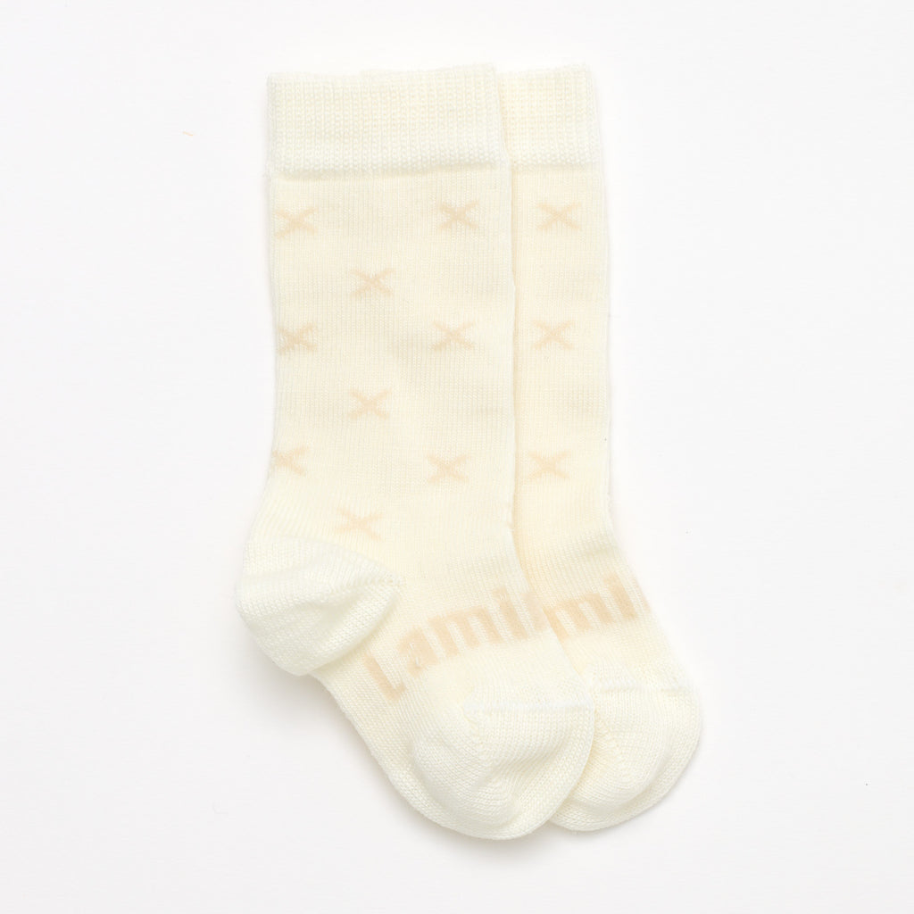 LAMINGTON Merino Wool Baby Knee-High Socks - Owl flat lay