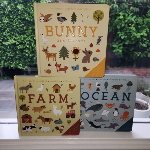 NEW!! 📚 🔤 Start baby on their journey of learning with these three beautifully illustrated and engaging large format board books 🔢 📚
