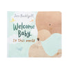 Book titled 'Welcome Baby to this world' by Jess Racklyeft with a bear illustration on a light blue background.