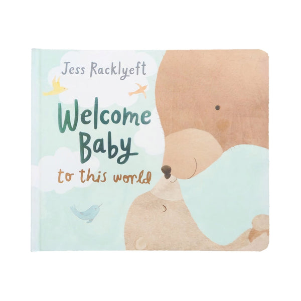 Book titled 'Welcome Baby to this world' by Jess Racklyeft with a bear illustration on a light blue background.