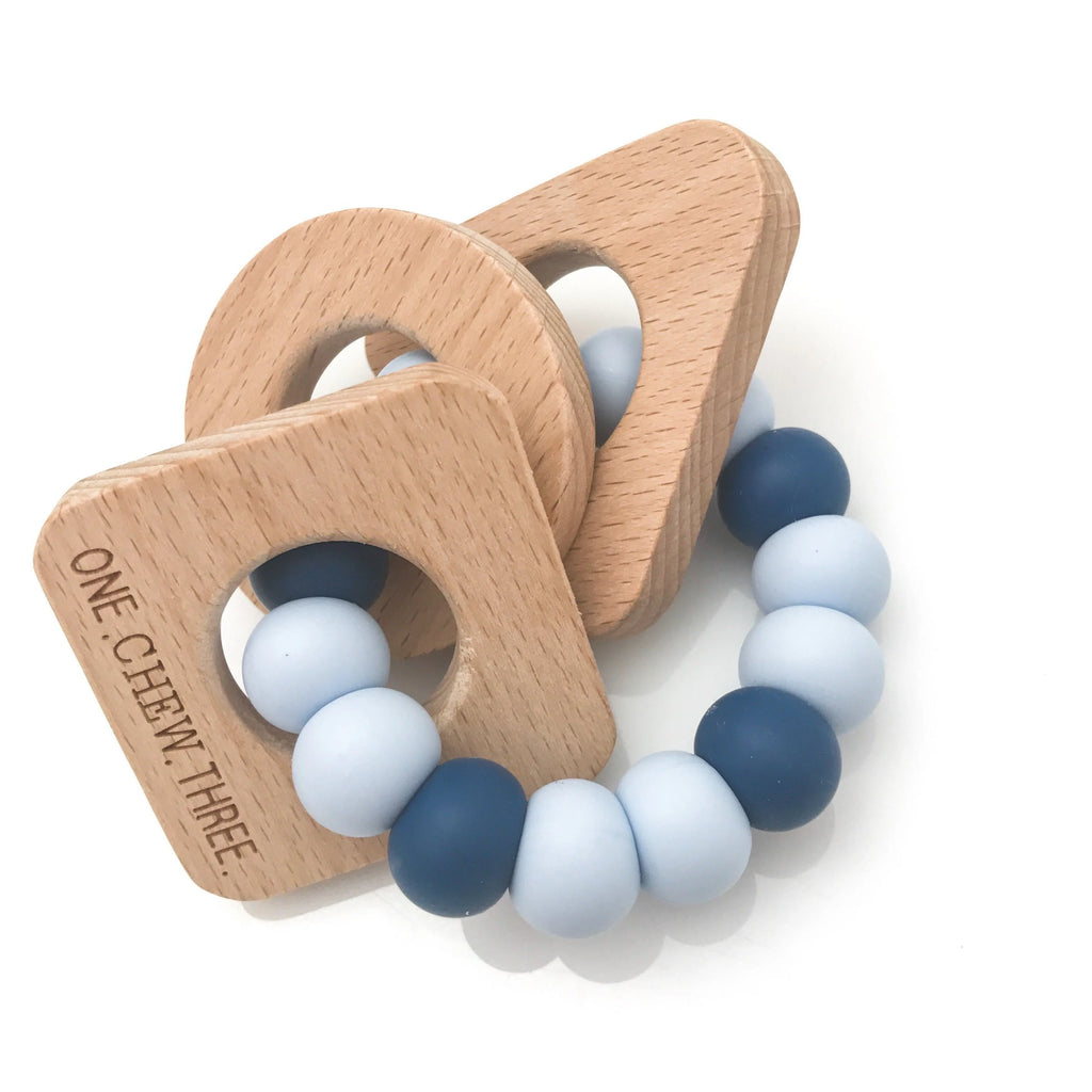 ONE CHEW THREE Shapes Teether Rattle - Blue