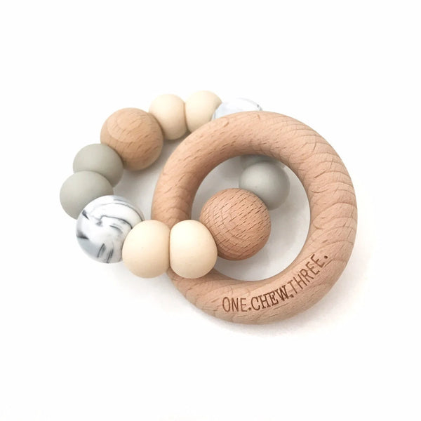ONE CHEW THREE Teether Rattle - Cream & Grey