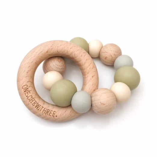 ONE CHEW THREE Teether Rattle - Pale Olive
