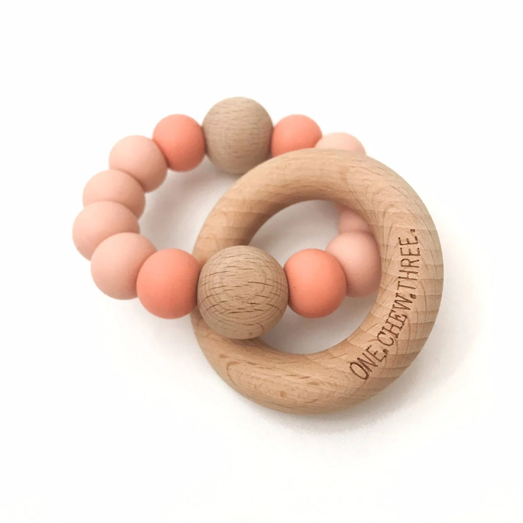 ONE CHEW THREE Teether Rattle - Peach