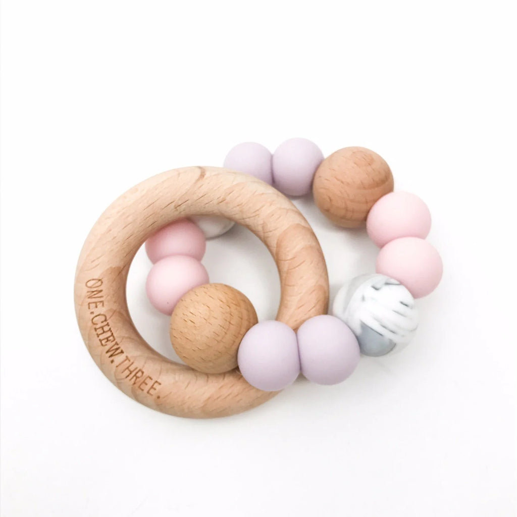 ONE CHEW THREE Teether Rattle - Pink & Lilac
