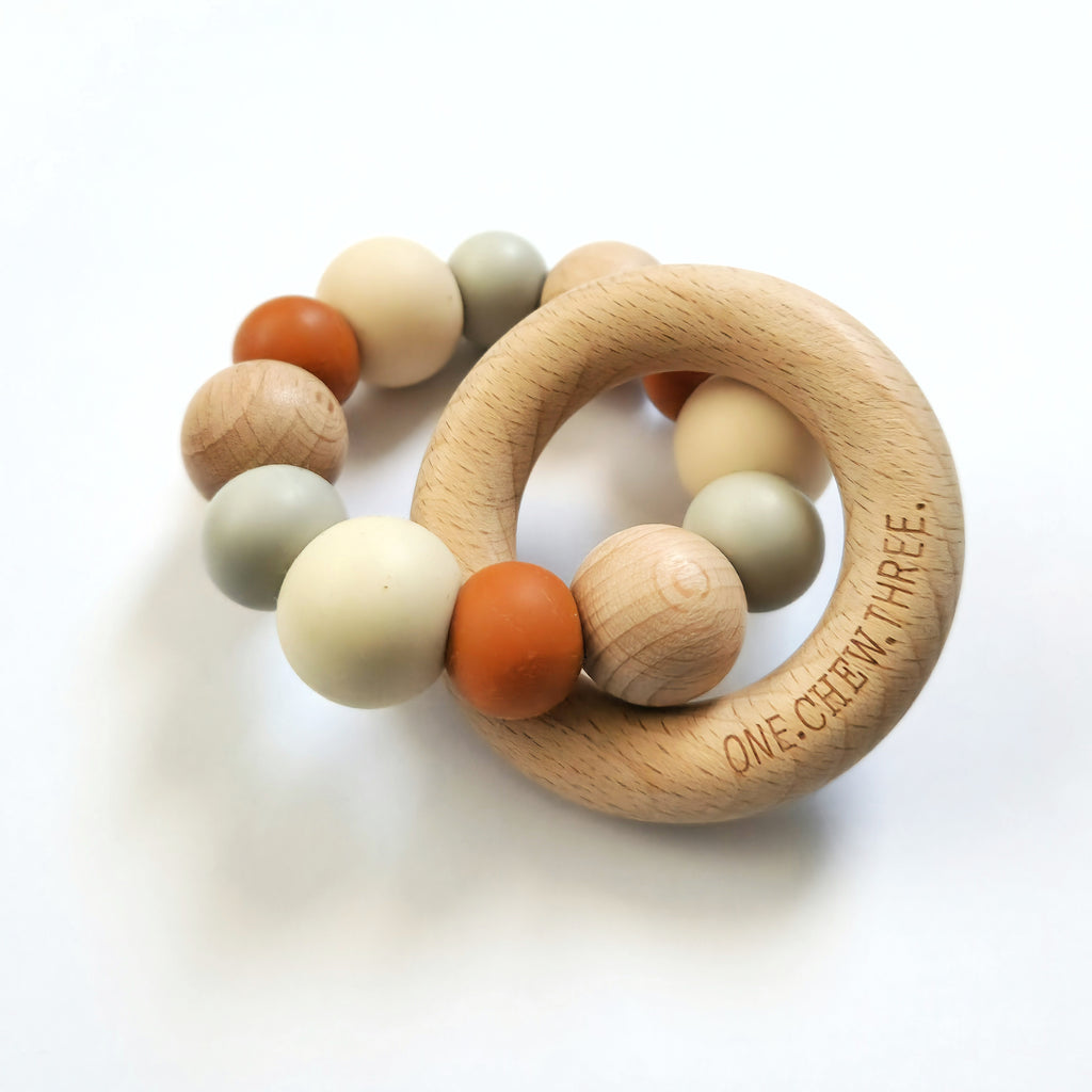 ONE CHEW THREE Teether Rattle - Tan