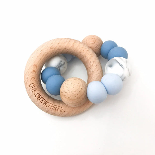 ONE CHEW THREE Teether Rattle - Two Tone Blue