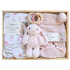 ROOM TO BLOOM Alice Baby Gift Hamper set with plush toy, swaddle and other items in a wooden box.