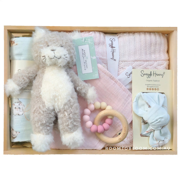 ROOM TO BLOOM Anastasia Baby Gift Hamper set with plush toy, blanket, teething ring, and more in a wooden box.
