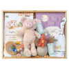 ROOM TO BLOOM Animal Farm Baby Gift Hamper set with plush toys, book, and other baby items in a wooden box.