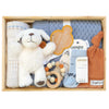 ROOM TO BLOOM Barkley Baby Gift Hamper set arranged in a wooden box, featuring a white plush dog toy, a blue knit blanket, a white printed swaddle, light blue socks, a terracotta baby beanie, and a wooden bead teether.