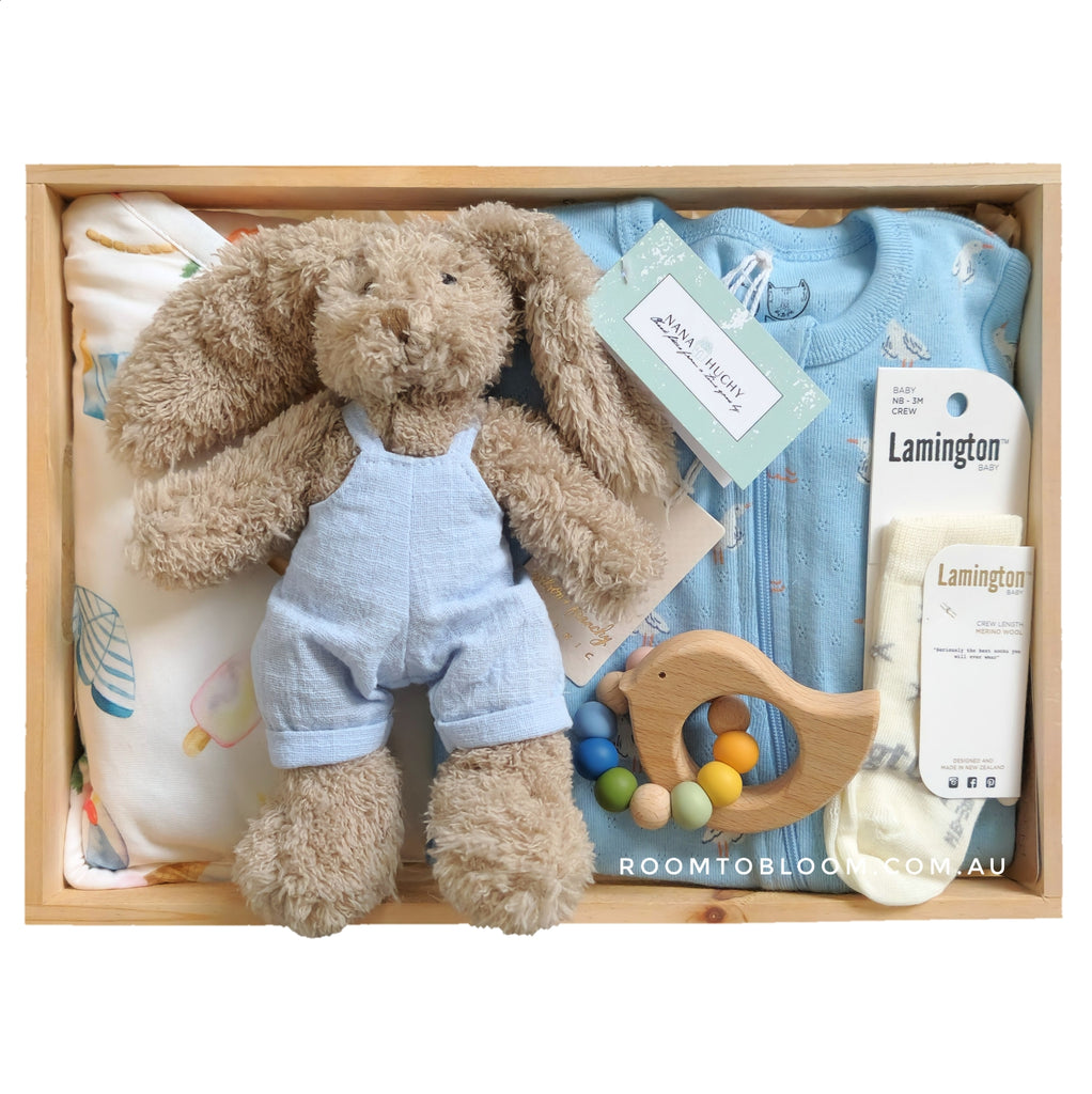 ROOM TO BLOOM Beach Bunny Baby Gift Hamper set with bunny, clothing, towel and more in a wooden box.