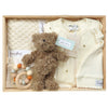 ROOM TO BLOOM Bear & Bee Baby Gift Hamper set with teddy bear, clothes, toy and more in a wooden box.