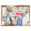 ROOM TO BLOOM Bear in There Baby Gift Hamper set with teddy bear, rattle, and more in a wooden box.