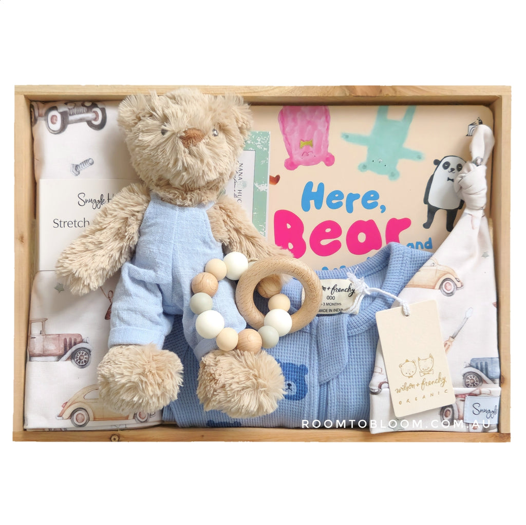 ROOM TO BLOOM Bear in There Baby Gift Hamper set with teddy bear, rattle, and more in a wooden box.