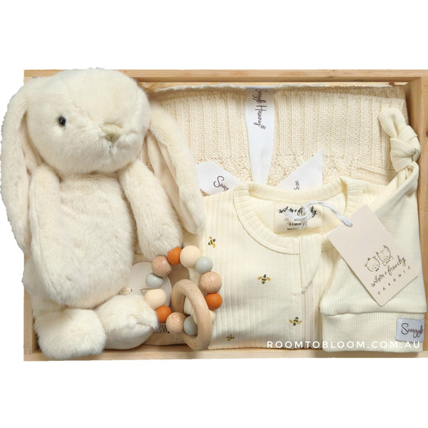 ROOM TO BLOOM Bee Mine Baby Gift Hamper set with plush toy, clothing, rattle and more in a wooden box.
