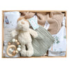 ROOM TO BLOOM Best Friends Baby Gift Hamper set with plush toy, knitted blanket, and other items in a wooden box.