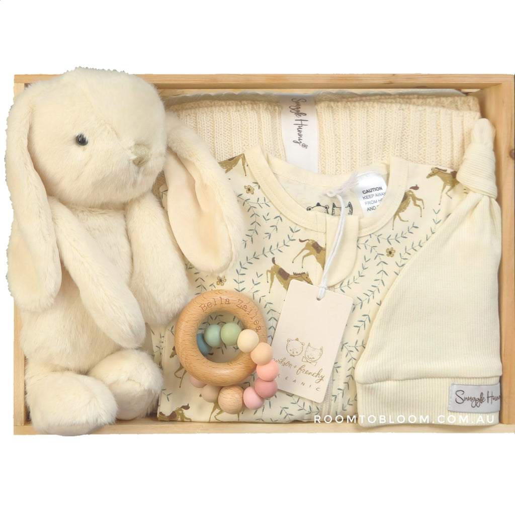 ROOM TO BLOOM Big Hugs Baby Gift Hamper set with plush bunny, baby blanket, teething ring and more in a wooden box.