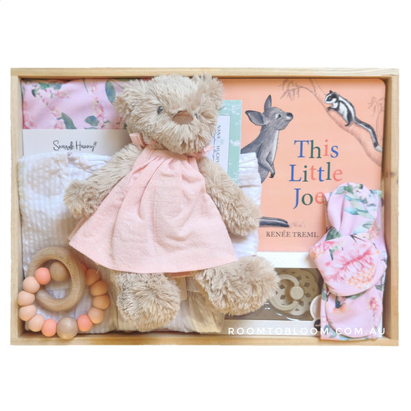 ROOM TO BLOOM Bindi Baby Gift Hamper set with teddy bear, book, toys and more in a wooden box