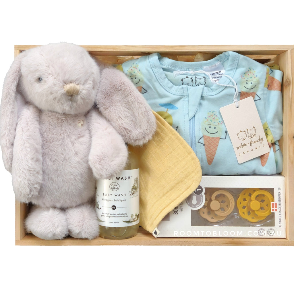 ROOM TO BLOOM Blue Heaven Baby Gift Hamperset with plush bunny, baby clothes, pacifiers and more in a wooden box.