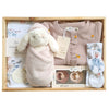 ROOM TO BLOOM Bluebirds Baby Gift Hamper set with clothing, plush toy, and other items in a wooden box.
