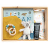 ROOM TO BLOOM Bondi Baby Gift Hamper set arranged in a light wood tray, including a blue children's book with ocean creatures, a yellow muslin bib, a wooden bead teether, a greykoala plush toy, and a black Bondi Wash hand cream.