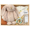 ROOM TO BLOOM Brown Sugar Baby Gift Hamper set with plush bunny, teether, clothing and more in a wooden box.