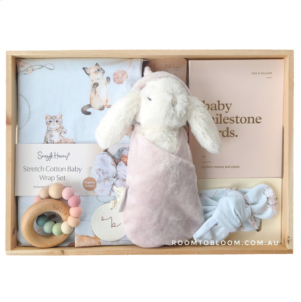 ROOM TO BLOOM Cats in the Cradle Baby Gift Hamper set with plush toy, wrap, and teething ring and more in a wooden box.