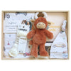 ROOM TO BLOOM Country Roads Baby Gift Hamper set with plush toy, milestone cards, and other items in a wooden box.