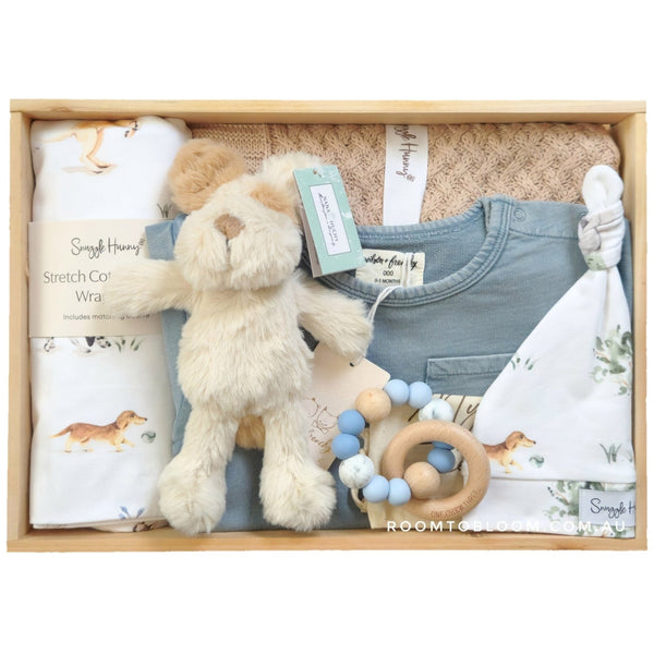 ROOM TO BLOOM Dog Days Baby Gift Hamper set with plush toy, teether, clothing and more in a wooden box