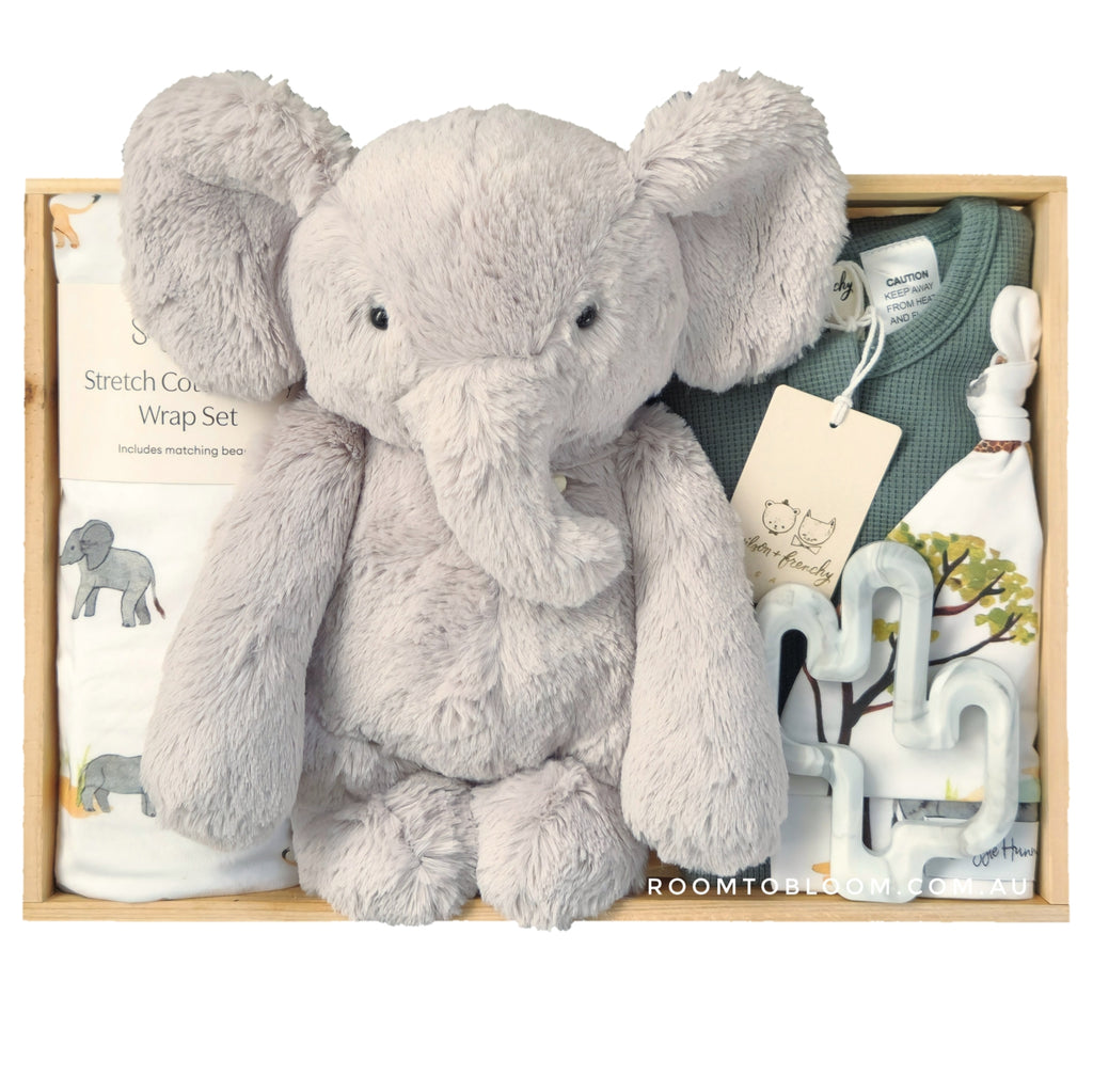 ROOM TO BLOOM Ellie Elephant Baby Gift Hamper with elephant plush toy other baby items in a box.