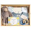 ROOM TO BLOOM Escapade Baby Gift Hamper set with plush toy, clothes, and baby bath products and more in a wooden box.