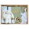ROOM TO BLOOM Evergreen Baby Gift Hamper set with plush toy, book, teething ring and more in a wooden box.