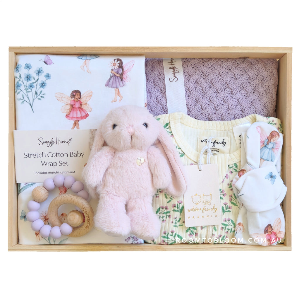 ROOM TO BLOOM Fairy Garden Baby Gift Hamper set with plush bunny, blanket, wrap, and more in a wooden box