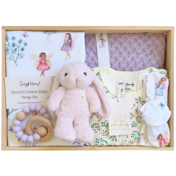 ROOM TO BLOOM Fairy Garden Baby Gift Hamper set with plush bunny, blanket, wrap, and more in a wooden box