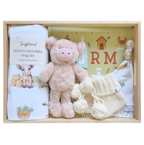 ROOM TO BLOOM Farm Fun Baby Gift Hamper set with plush toy, swaddle, book and more in a wooden box