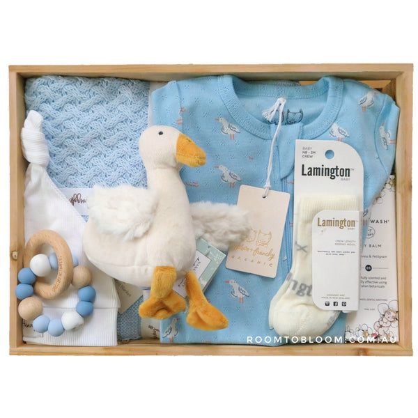 ROOM TO BLOOM Feathers Baby Gift Hamper set with clothes, toy, and oher items in a wooden box