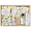 ROOM TO BLOOM Feeling Fruity Baby Gift Hamper set with baby wrap, teether, skincare products and more in a wooden box.
