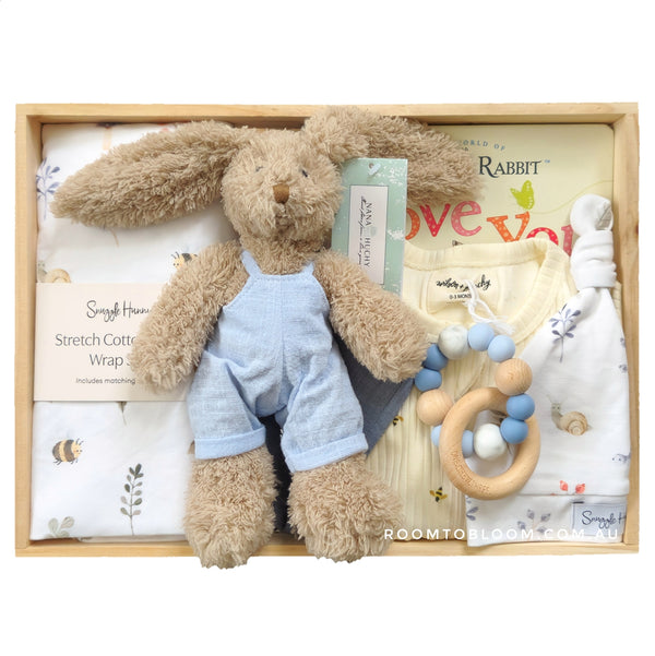 ROOM TO BLOOM Flitter Flutter Baby Gift Hamper set with plush rabbit toy, rattle, wrap and more in a wooden box
