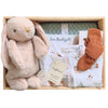 ROOM TO BLOOM Forever Friends Baby Gift Hamper set with plush bunny, and other baby products in a wood box.