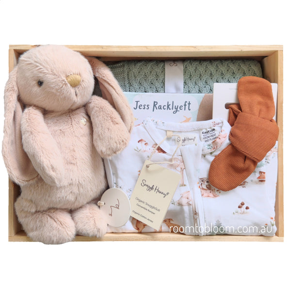 ROOM TO BLOOM Forever Friends Baby Gift Hamper set with plush bunny, and other baby products in a wood box.