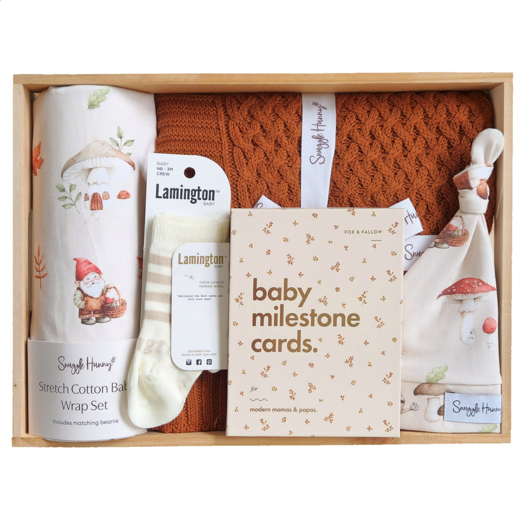 ROOM TO BLOOM Gnome Sweet Gnome Baby Gift Hamper set with wrap, socks, milestone cards and more in a wooden box