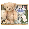 ROOM TO BLOOM Go Wild Baby Gift Hamper with baby items in a box, including a teddy bear, clothing, a swaddle and more. 