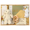 ROOM TO BLOOM Here Comes the Sun Baby Gift Hamper set with plush toy, teether, and other items in a wooden box.