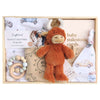 ROOM TO BLOOM Highlander Baby Gift Hamper set with plush toy, baby milestone cards, and other items in a wooden box.