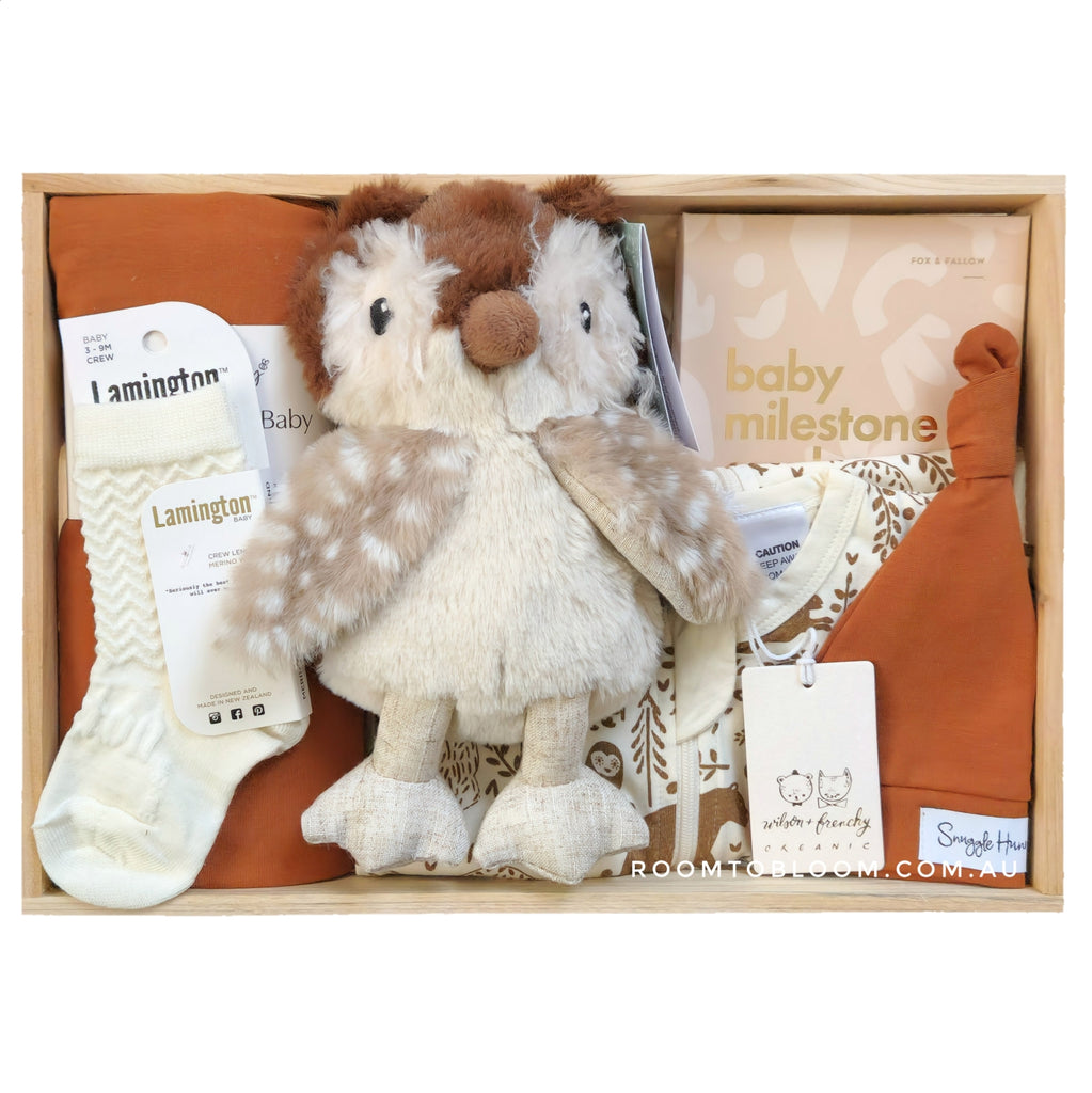 ROOM TO BLOOM Hoot Baby Gift Hamper gift set with plush owl, socks, and milestone cards and more in a wooden box.