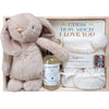 ROOM TO BLOOM I Love You Baby Gift Hamper set with plush toy, baby wash, and more in a wooden box.
