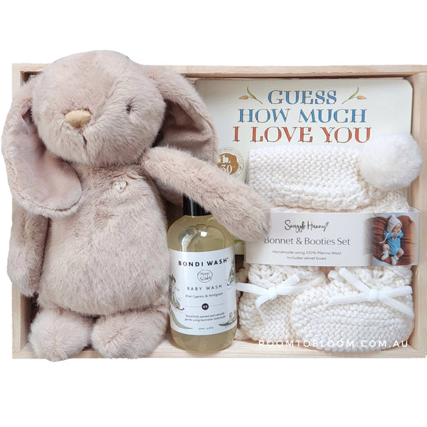 ROOM TO BLOOM I Love You Baby Gift Hamper set with plush toy, baby wash, and more in a wooden box.