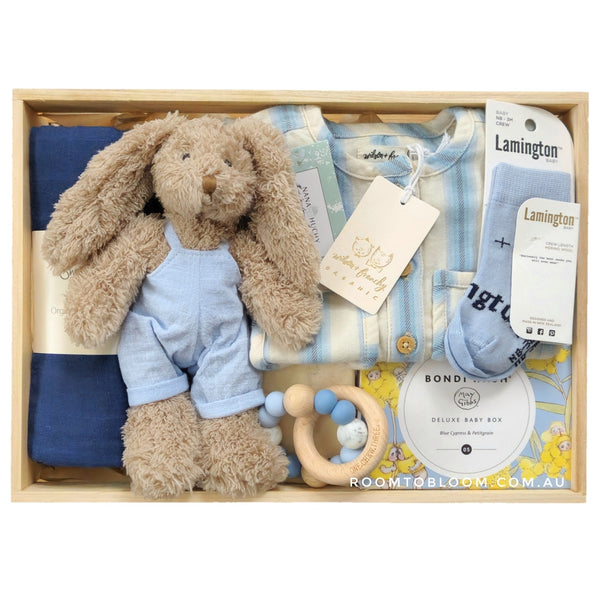 ROOM TO BLOOM In the Navy Baby Gift Hamper  set with plush toy, clothing, accessories and more in a wooden box.