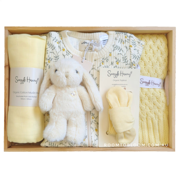 ROOM TO BLOOM Lemoncello Baby Gift Hamper set with yellow items in a wooden box